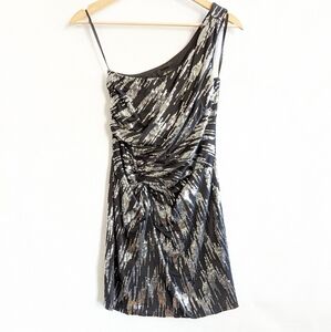 Sequined Party Dress Small Black Silver One Shoulder Twist Accent Formal